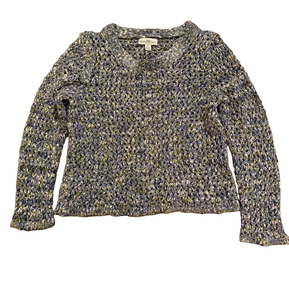 Wind River Crochet Cropped Sweater Large Open weave Blue Green